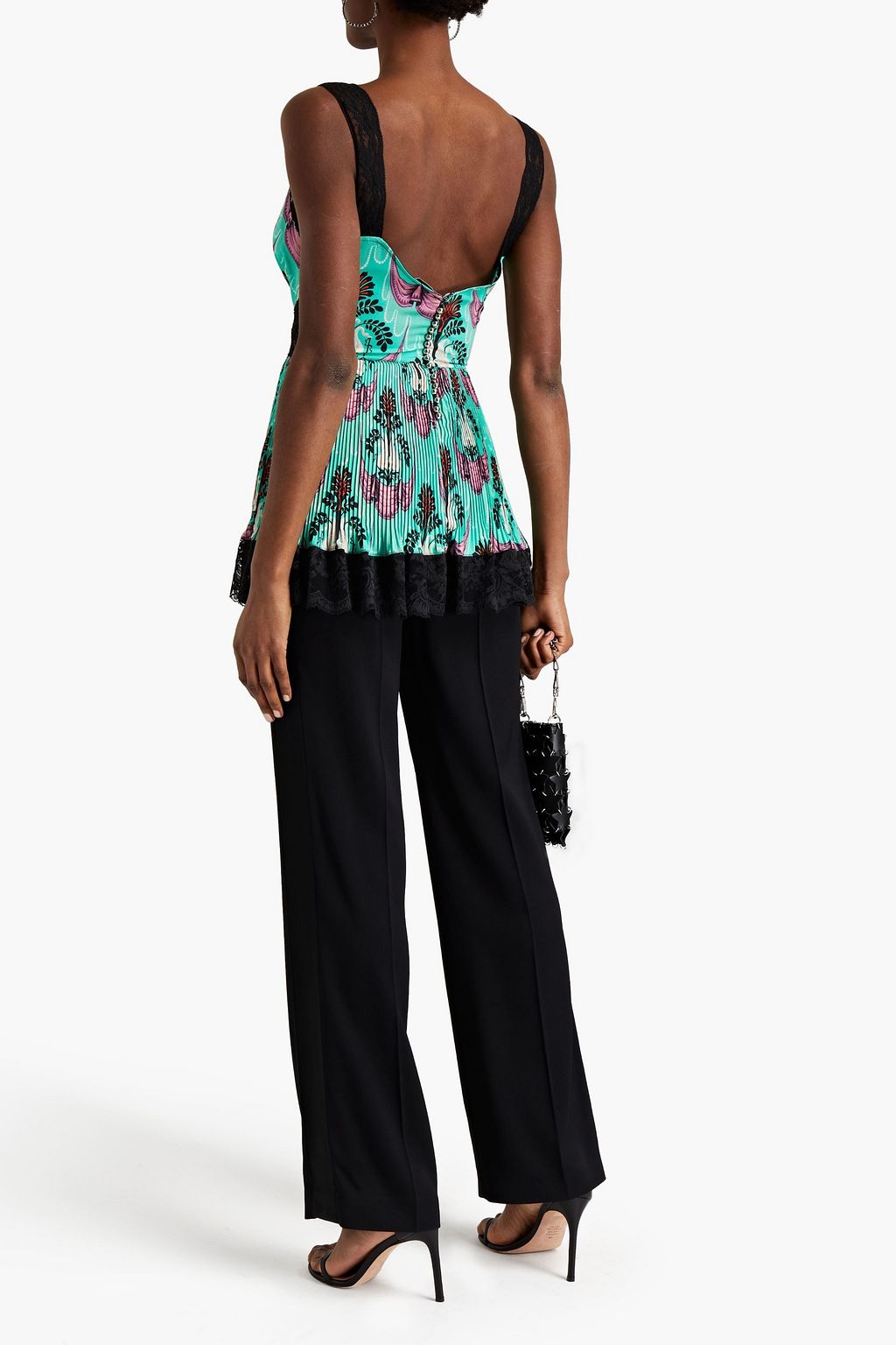 RABANNE Lace-trimmed plissé printed crepe de chine top