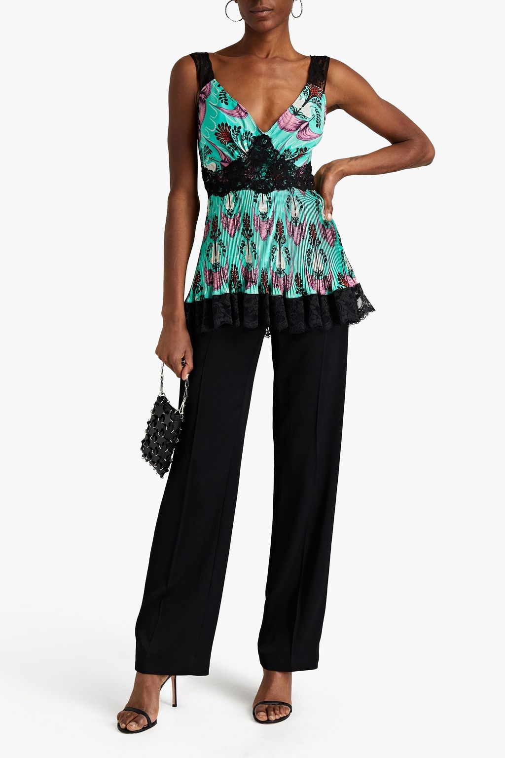 RABANNE Lace-trimmed plissé printed crepe de chine top