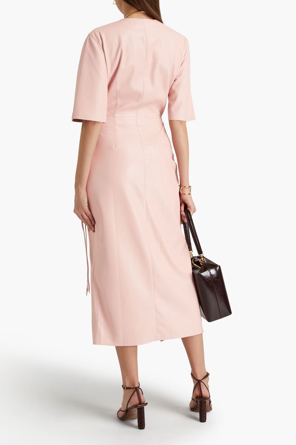NANUSHKA Draped vegan leather midi wrap dress