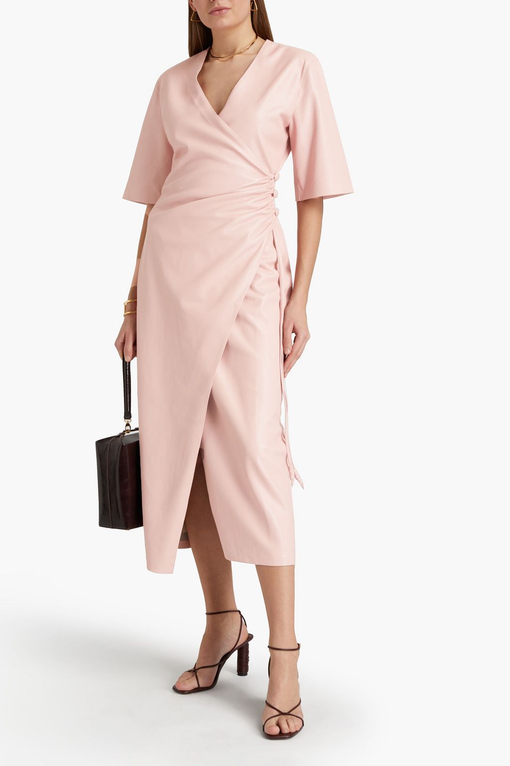 NANUSHKA Draped vegan leather midi wrap dress