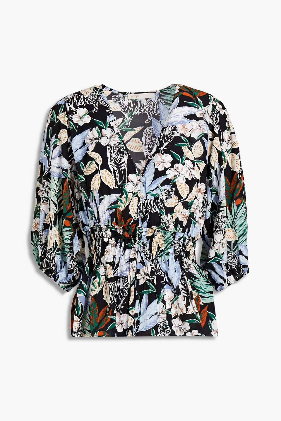 Shirred floral-print crepe de chine blouse