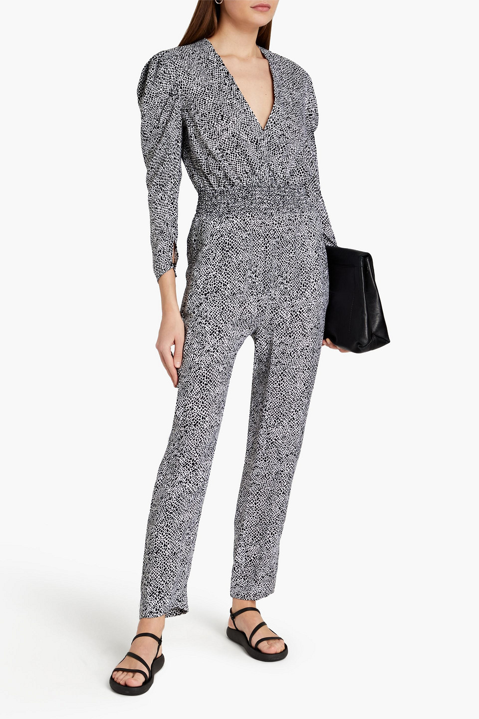 Maje Pomela Shirred Printed Cupro Jumpsuit In Black