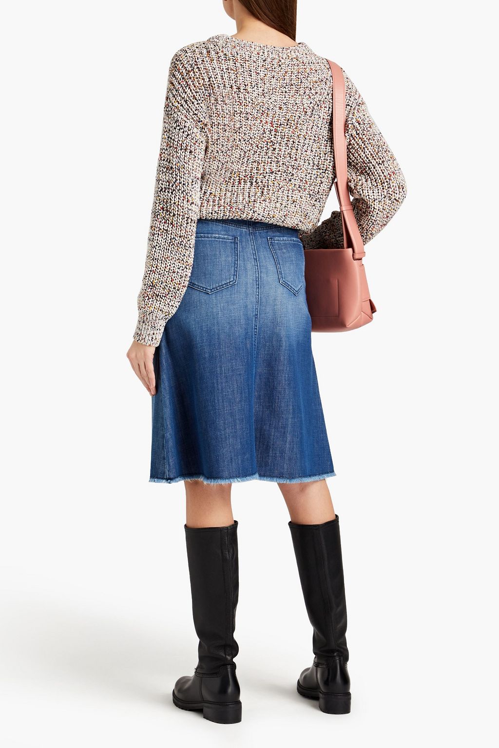 LOVE MOSCHINO Frayed embroidered printed denim skirt