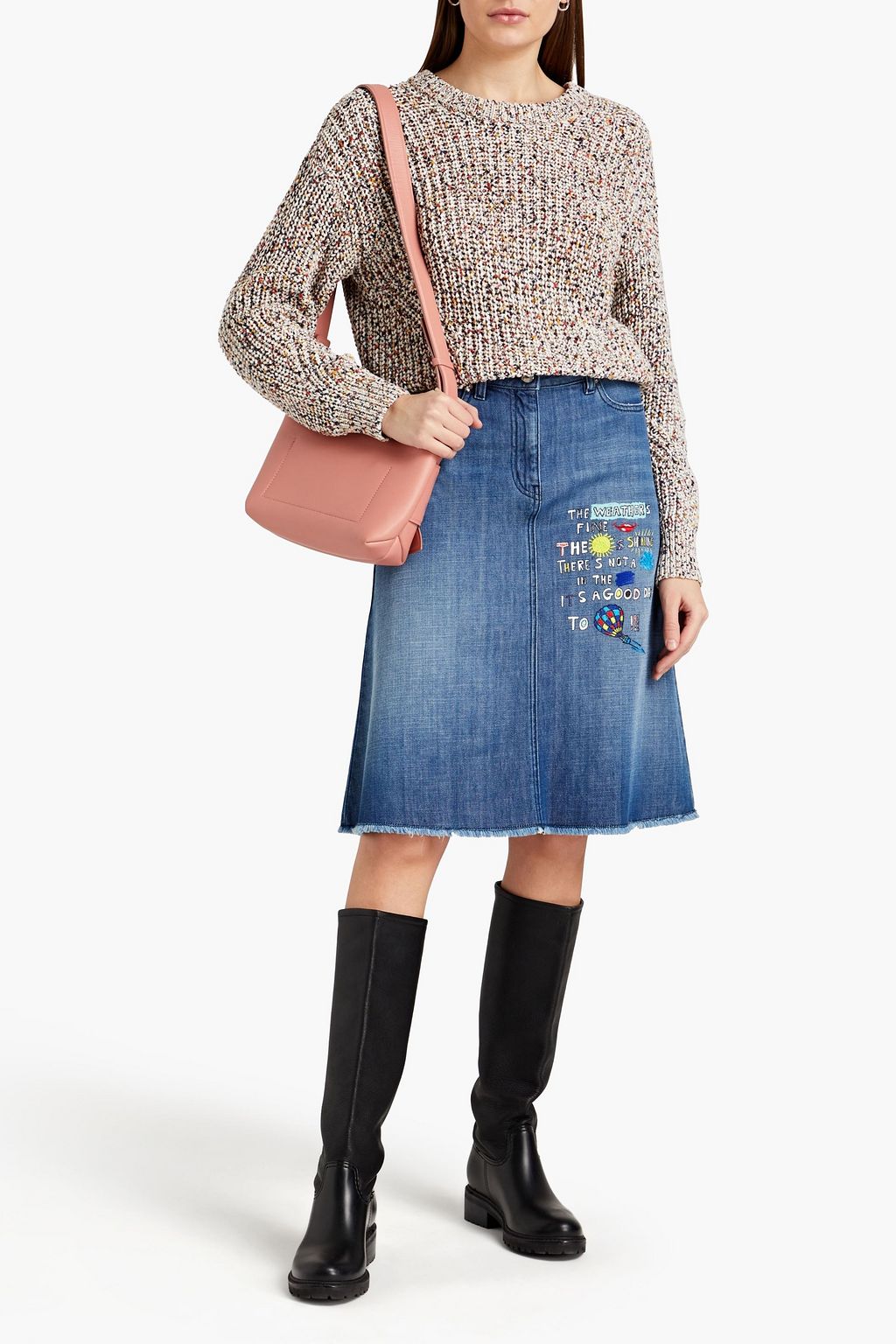 LOVE MOSCHINO Frayed embroidered printed denim skirt