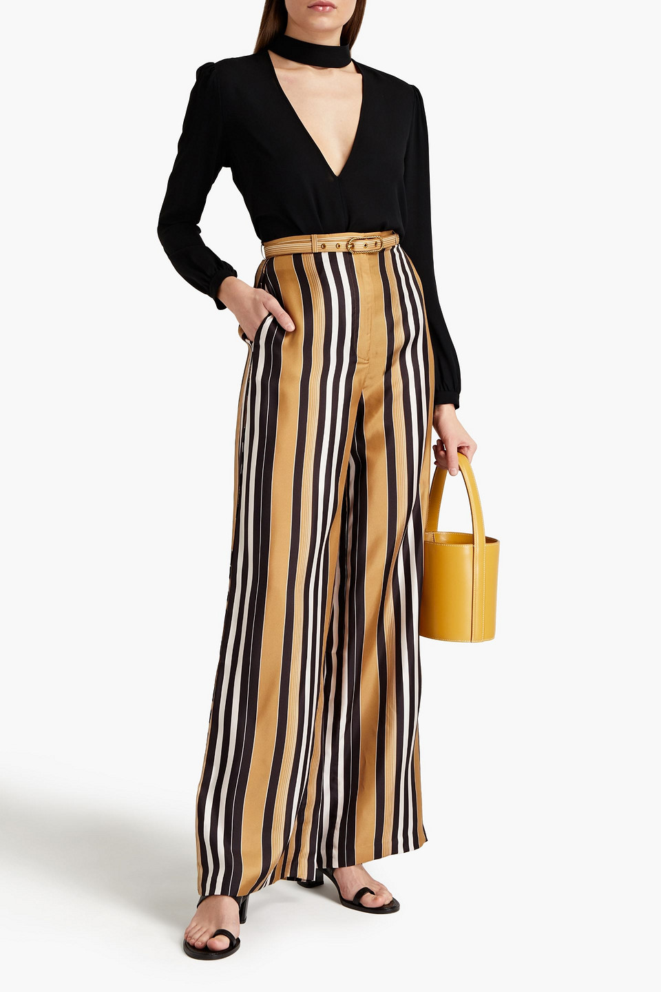 Zimmermann Belted Striped Satin-twill Wide-leg Trousers In Black