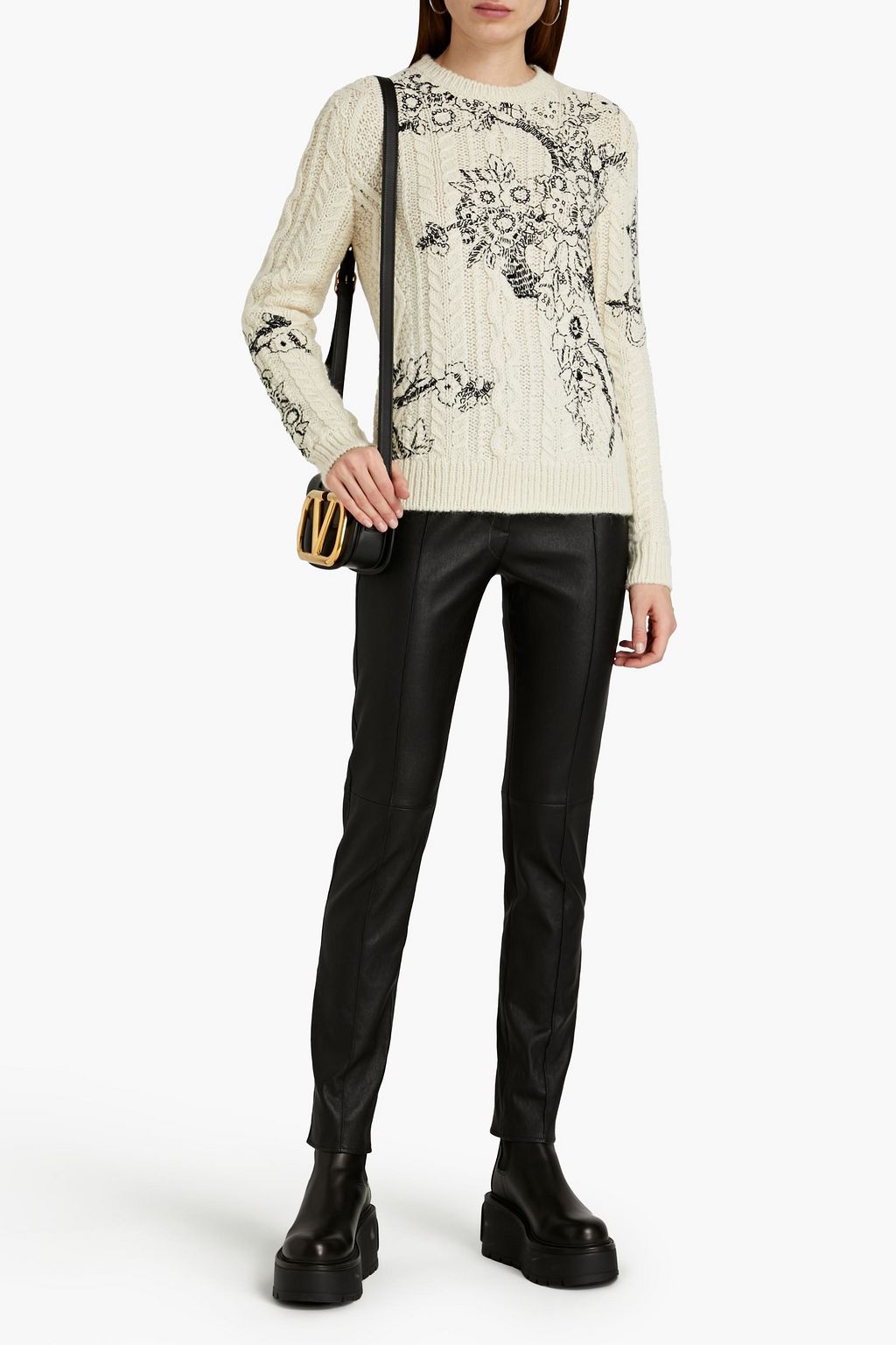 VALENTINO GARAVANI Embroidered cable-knit wool and alpaca-blend sweater