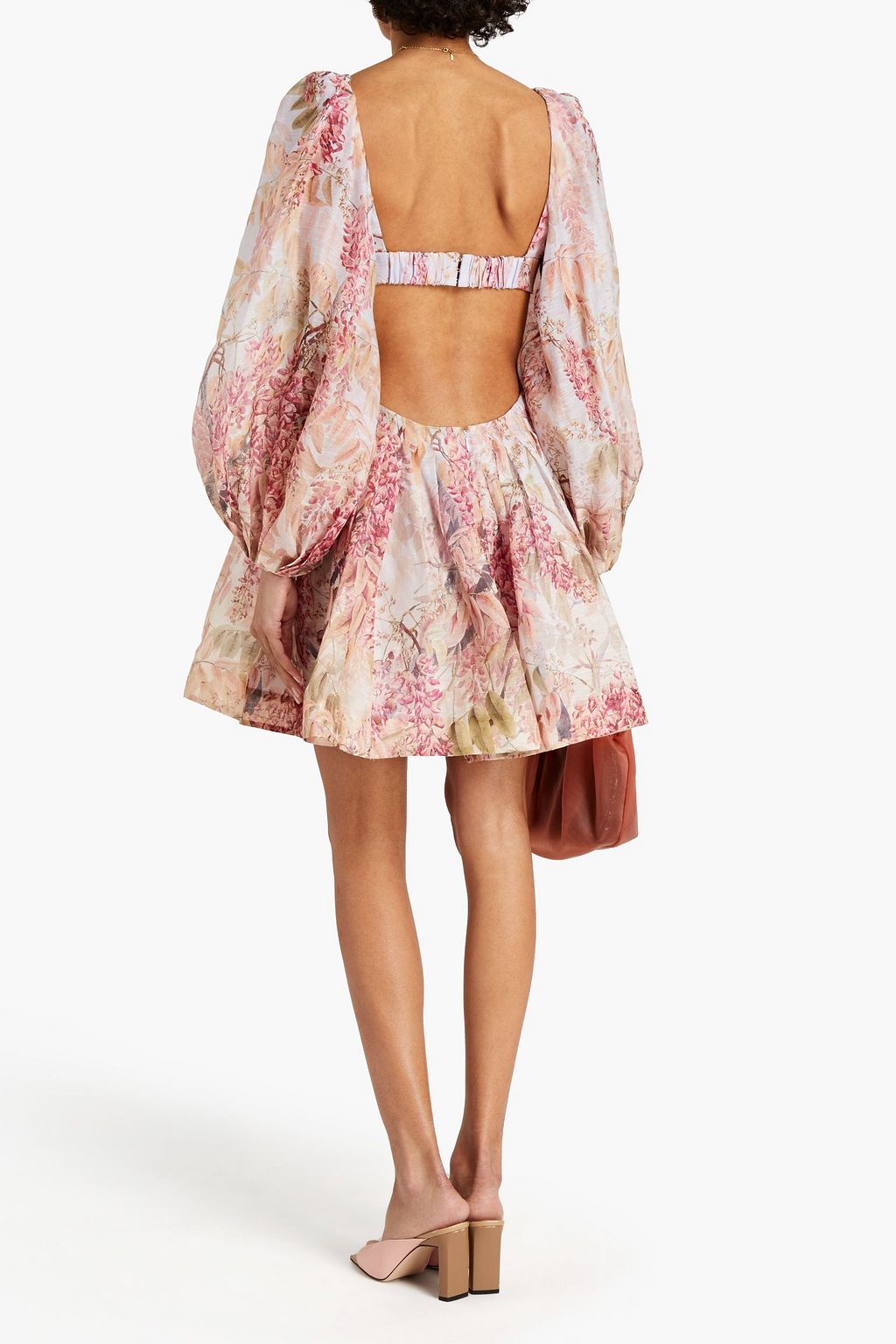 ZIMMERMANN Cutout gathered printed linen and silk-blend voile mini dress