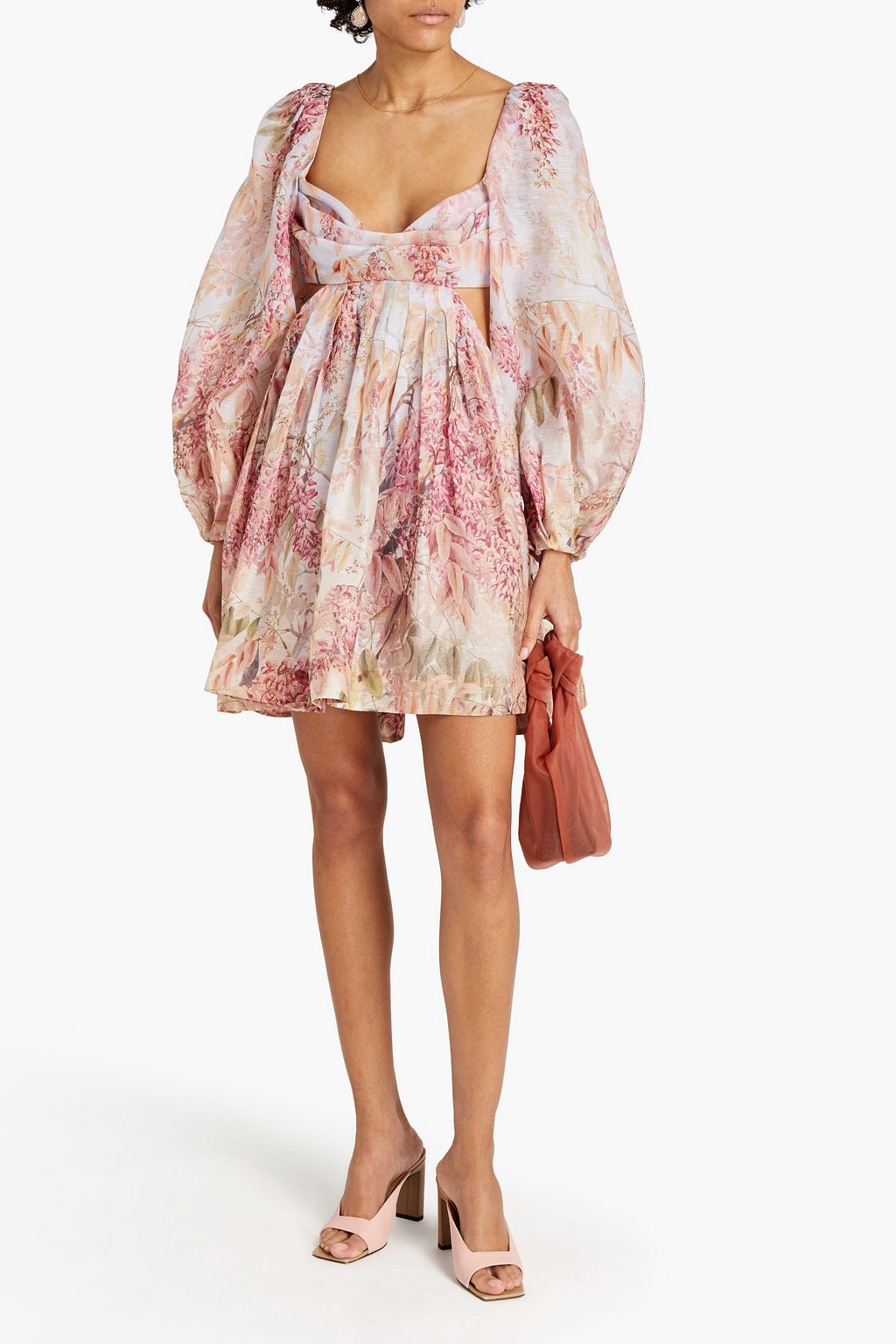 ZIMMERMANN Cutout gathered printed linen and silk-blend voile mini dress