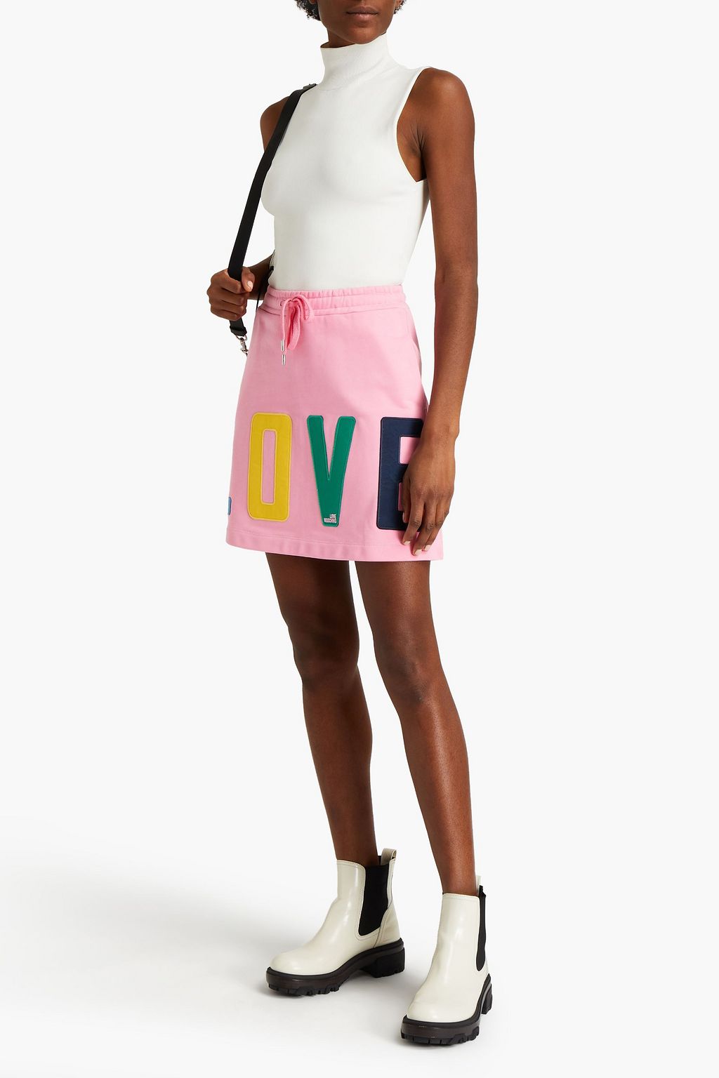 LOVE MOSCHINO Appliquéd French cotton-terry mini skirt