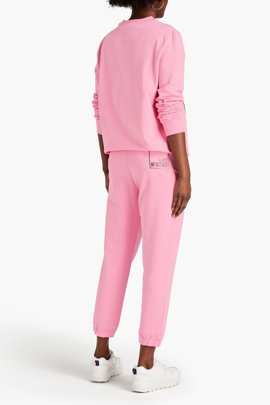 LOVE MOSCHINO Cropped glittered French cotton-blend terry track pants