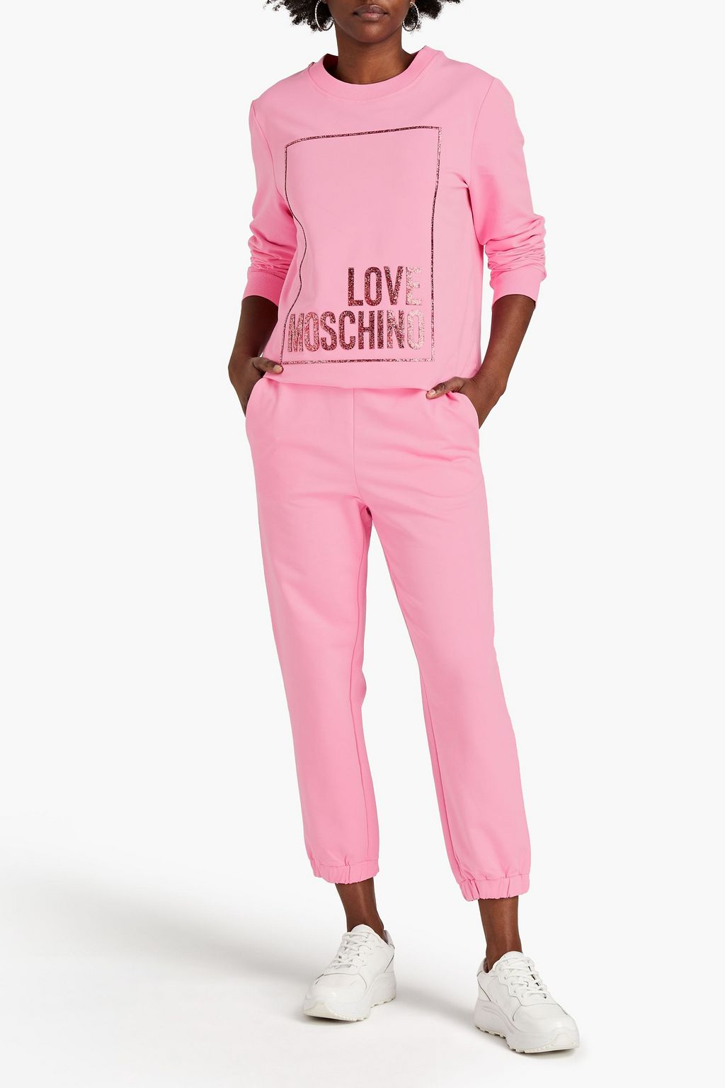 LOVE MOSCHINO Cropped glittered French cotton-blend terry track pants