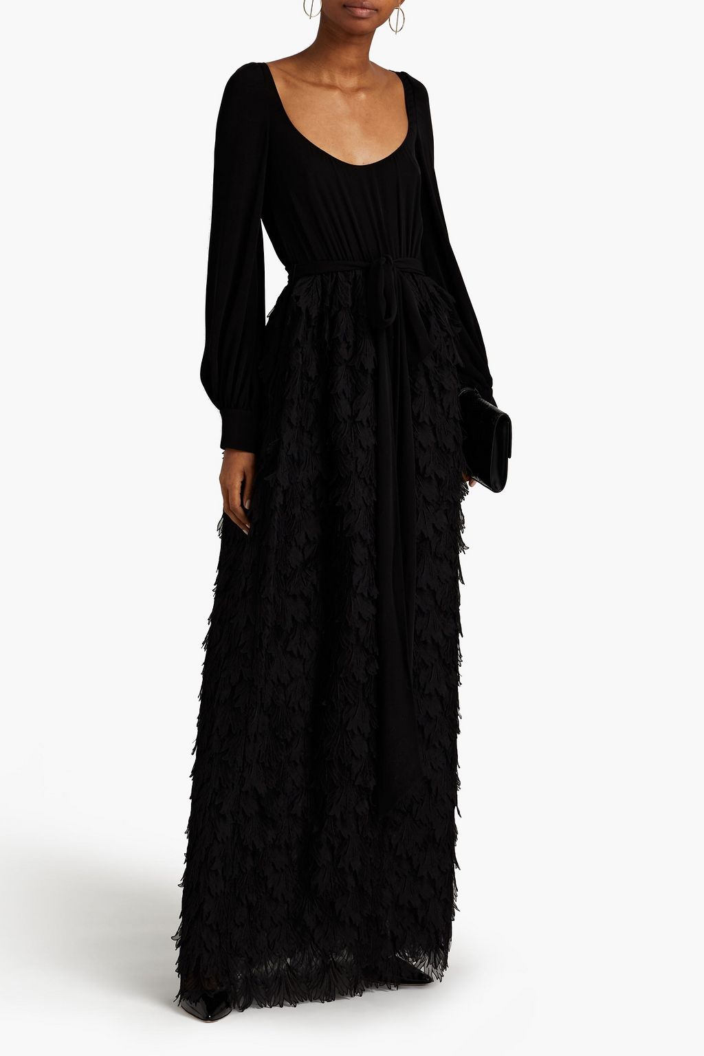 VALENTINO GARAVANI Belted broderie anglaise-paneled silk-crepe gown