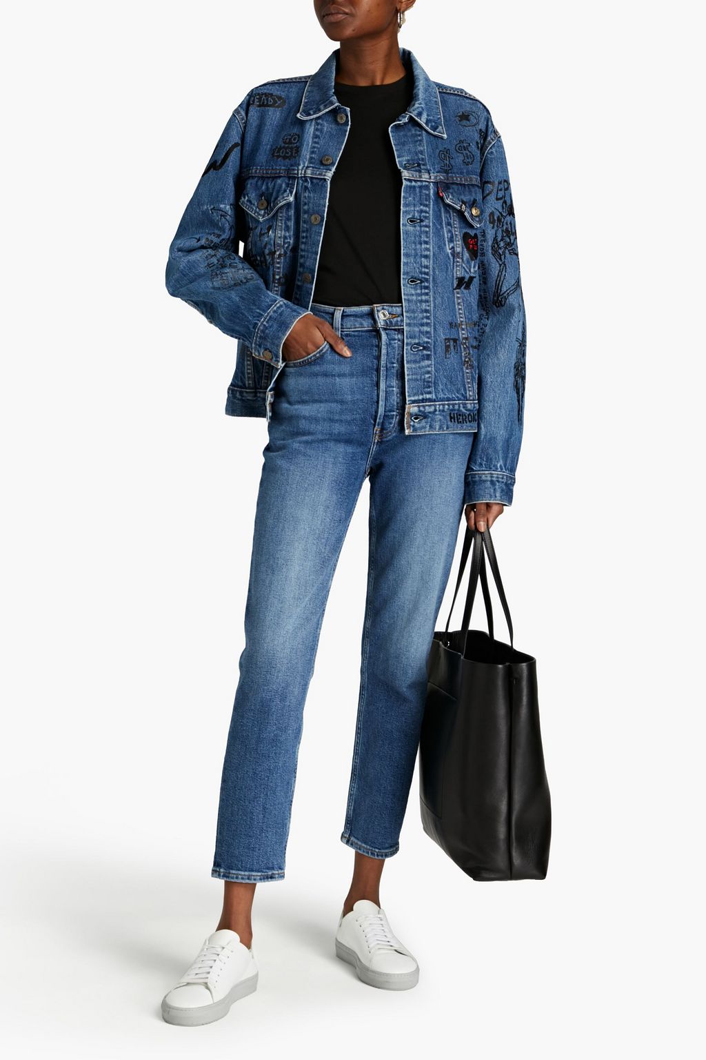 R13 Oversized distressed embellished printed denim jacket