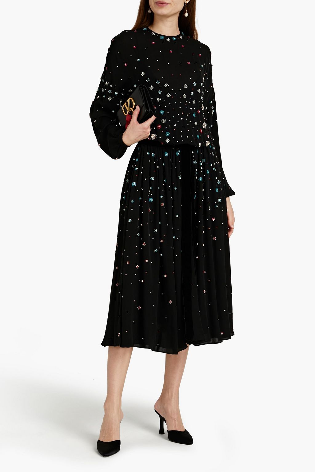 VALENTINO GARAVANI Gathered embellished silk-crepe midi dress