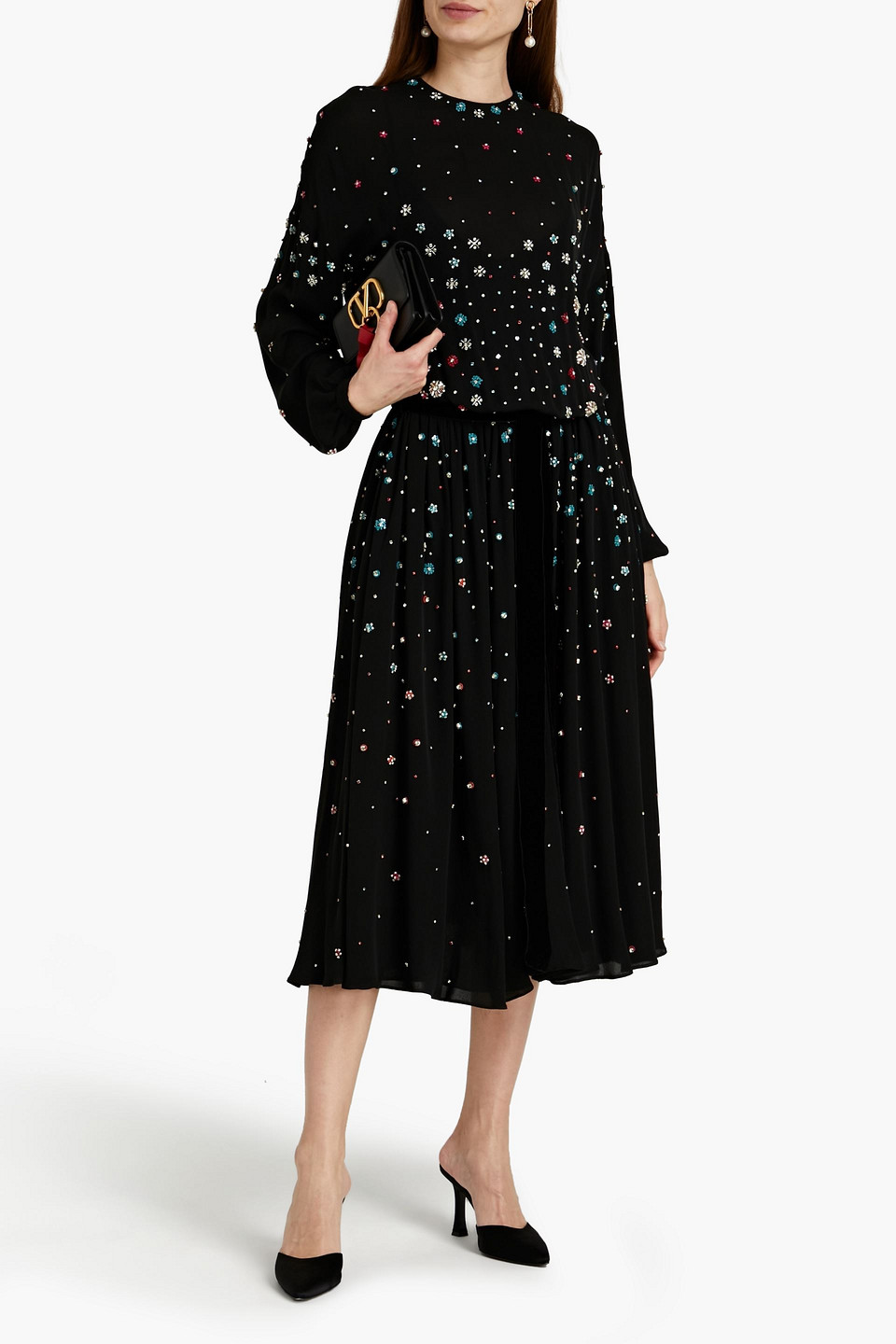 Valentino Gathered Embellished Silk-crepe Midi Dress In Black