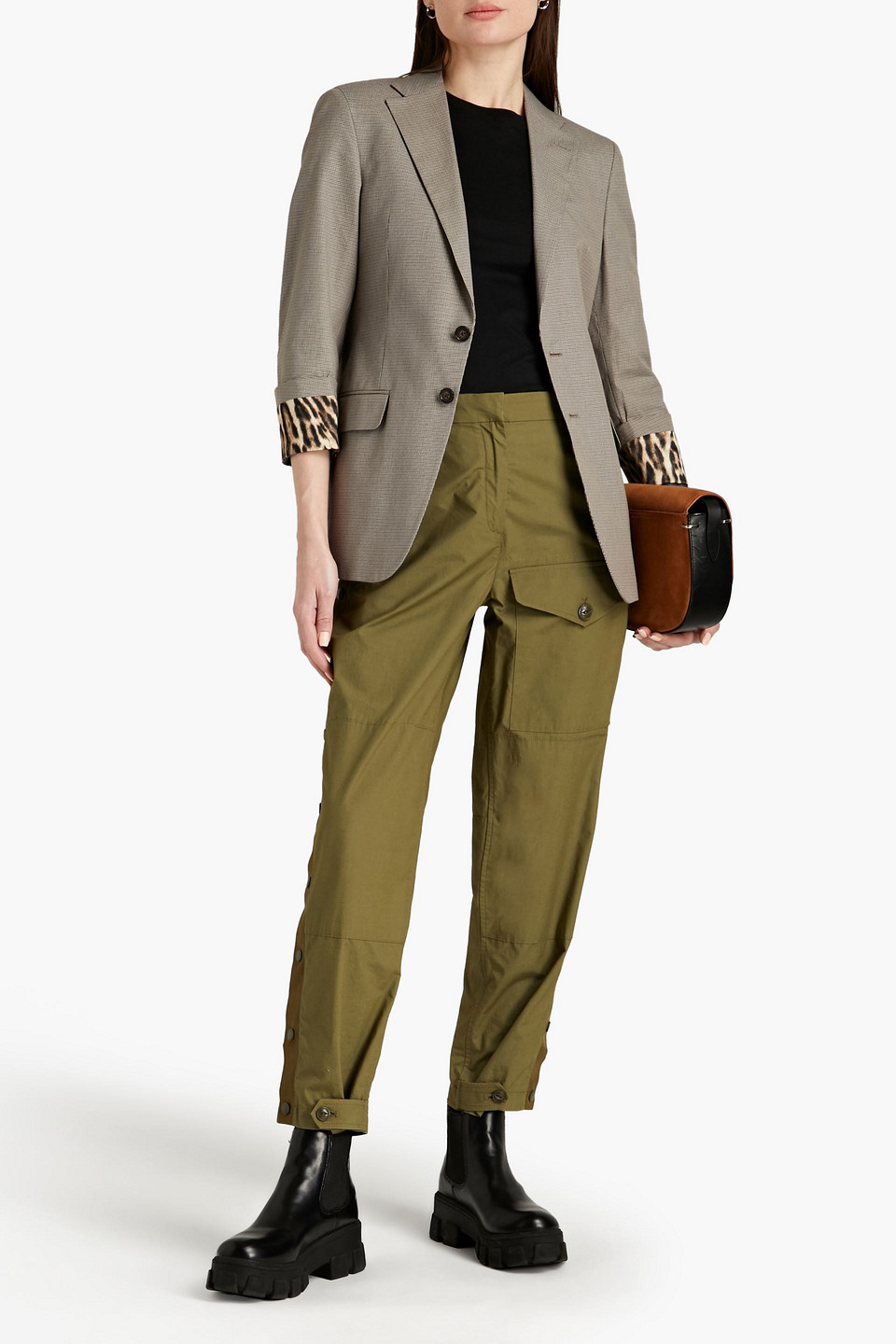 R13 Silk Satin-trimmed Houndstooth Cotton Blazer In Mushroom