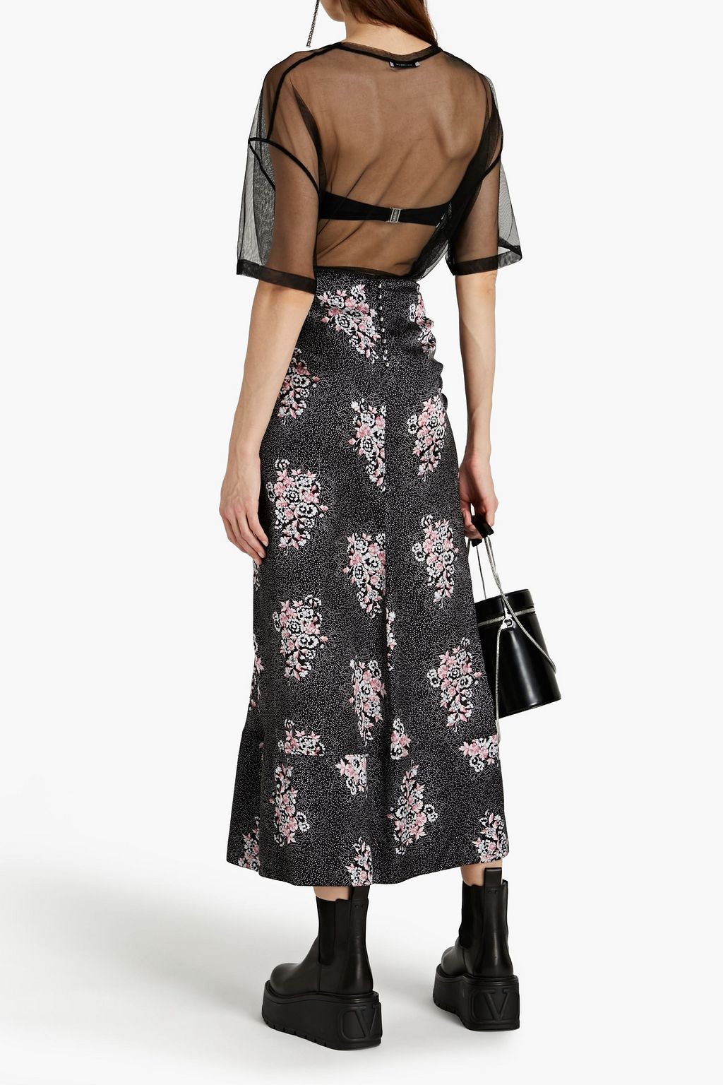 RABANNE Gathered printed satin maxi skirt