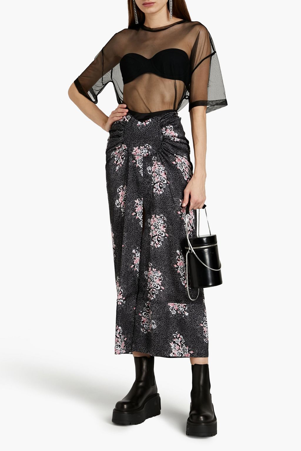 RABANNE Gathered printed satin maxi skirt