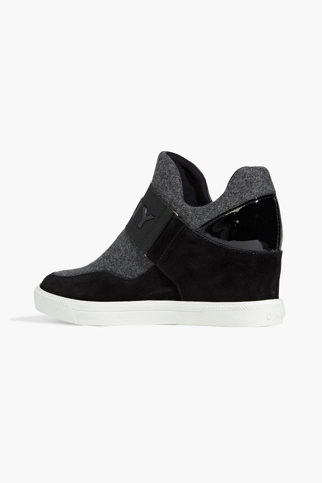 DKNY Cosmos suede and patent leather-trimmed flannel wedge sneakers