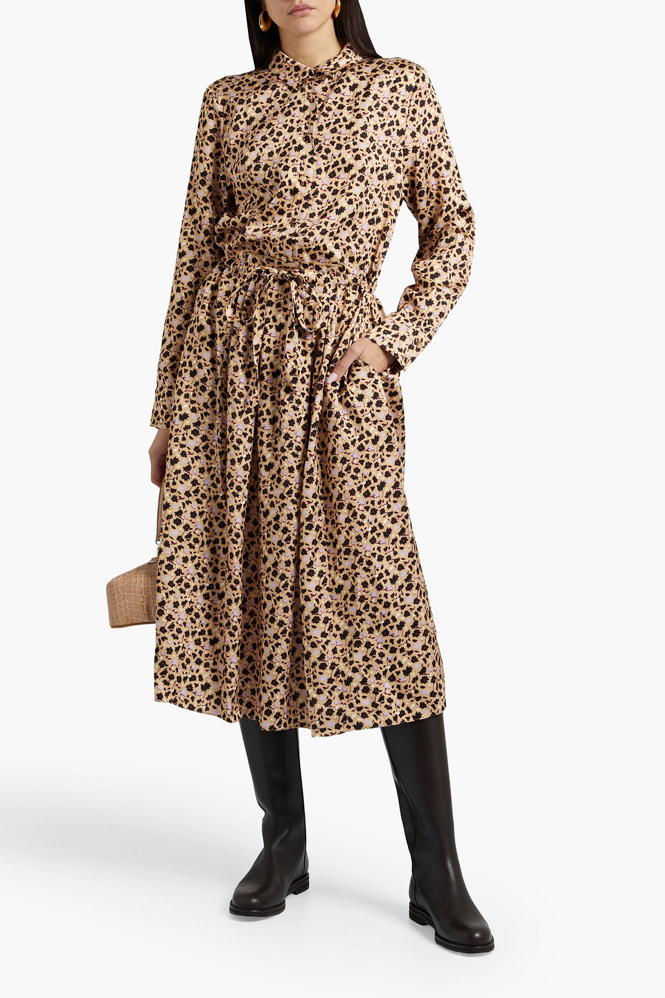 Chinti & Parker Pleated Floral-print Satin-crepe Midi Dress In Beige
