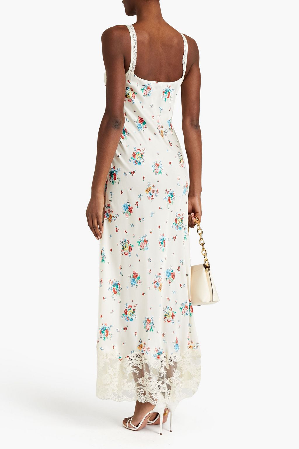 RABANNE Chantilly lace-trimmed floral-print satin maxi dress