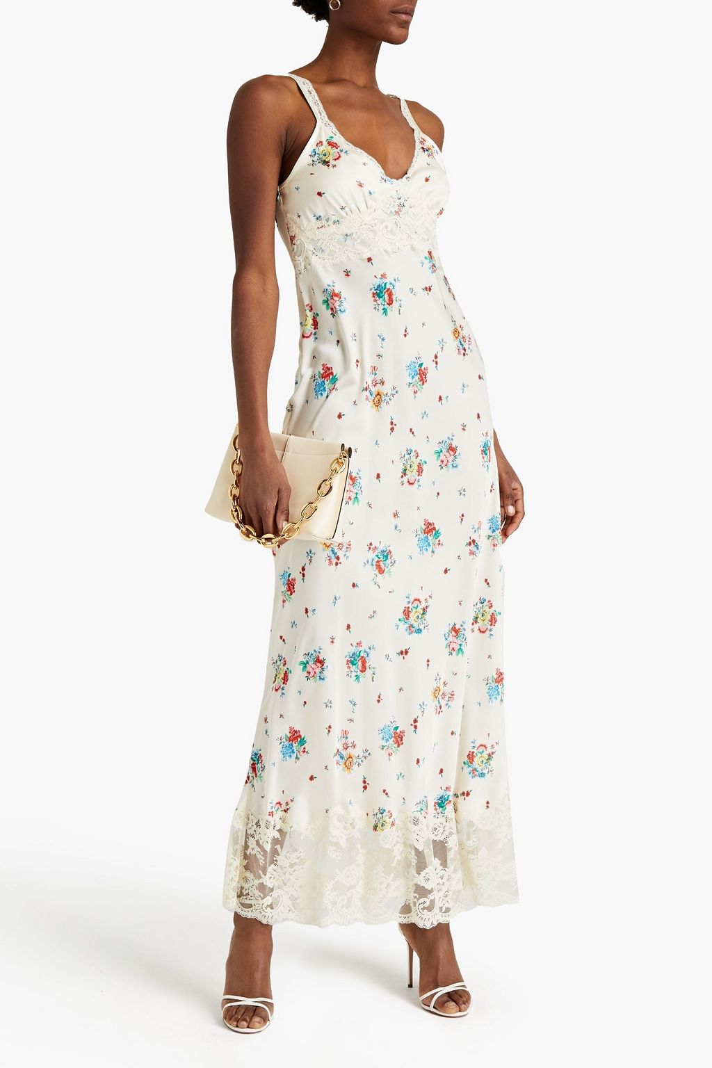 RABANNE Chantilly lace-trimmed floral-print satin maxi dress