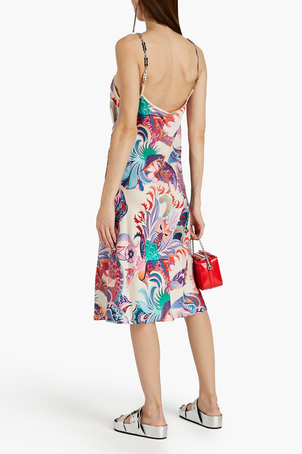 RABANNE Chain-trimmed floral-print satin slip dress