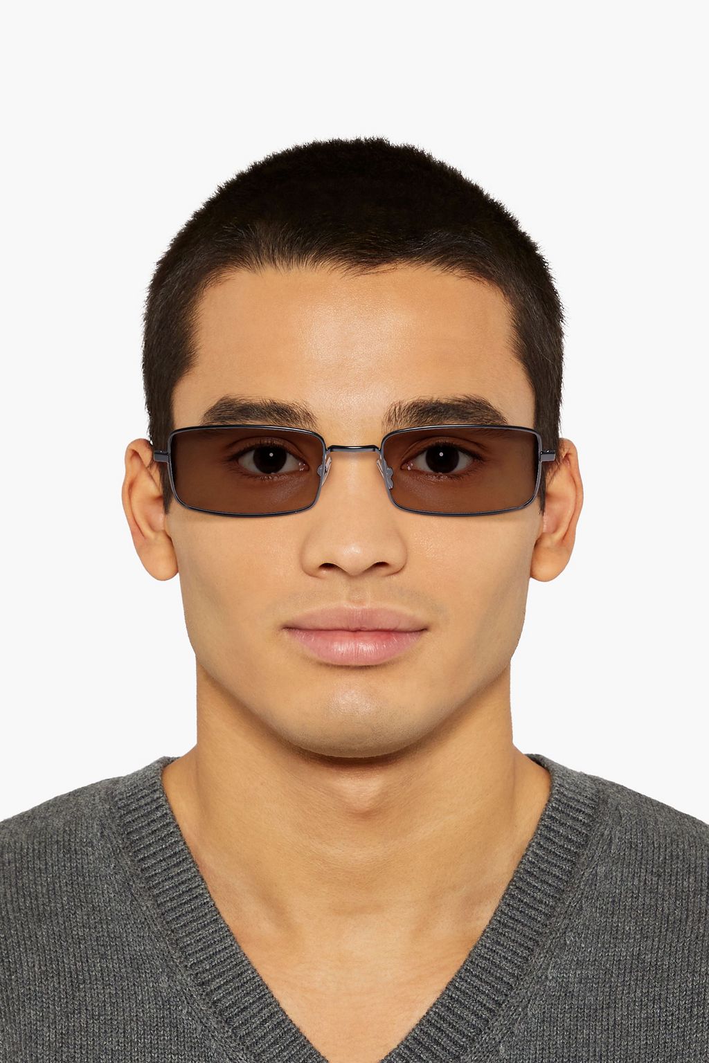 SAINT LAURENT Rectangle-frame gunmetal-tone sunglasses