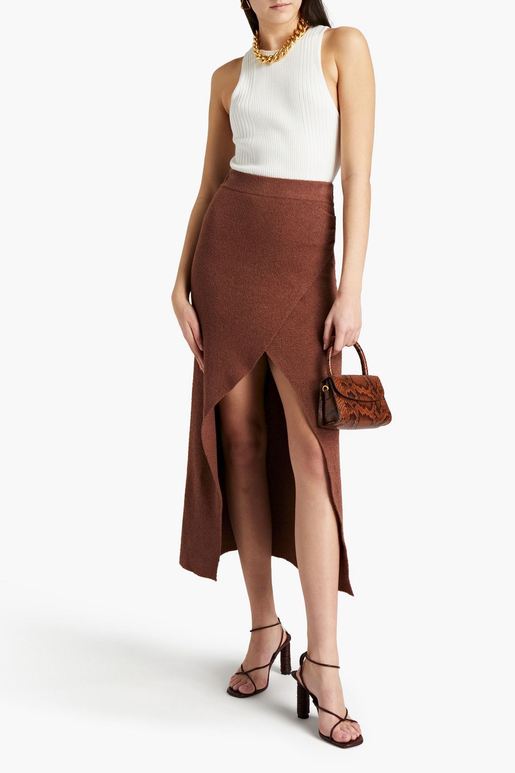 NANUSHKA Wrap-effect bouclé-knit cotton-blend midi skirt