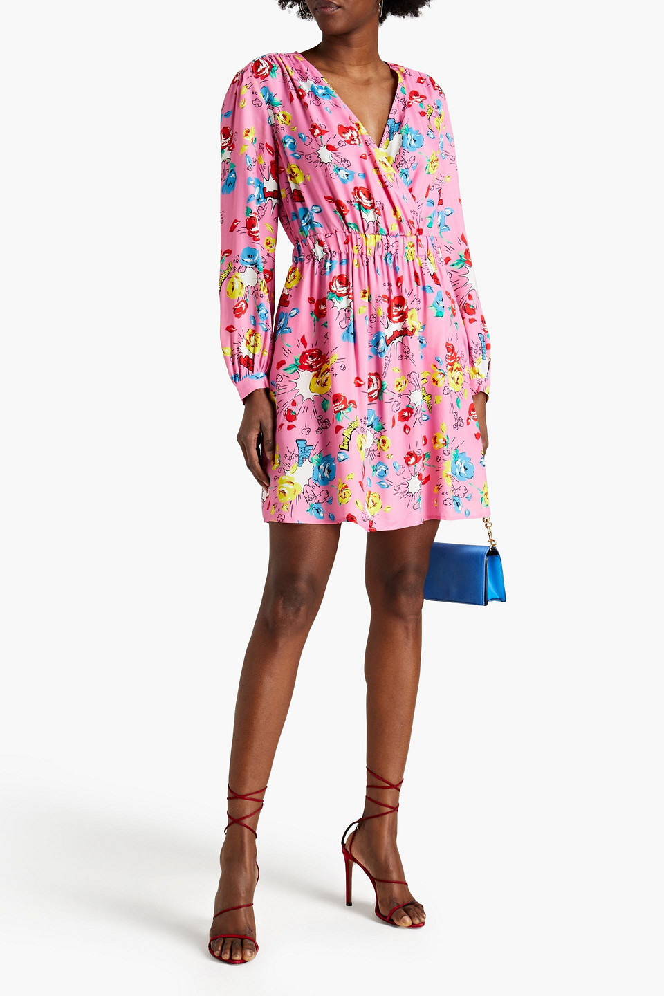 Love Moschino Wrap-effect Gathered Floral-print Twill Mini Dress In Pink