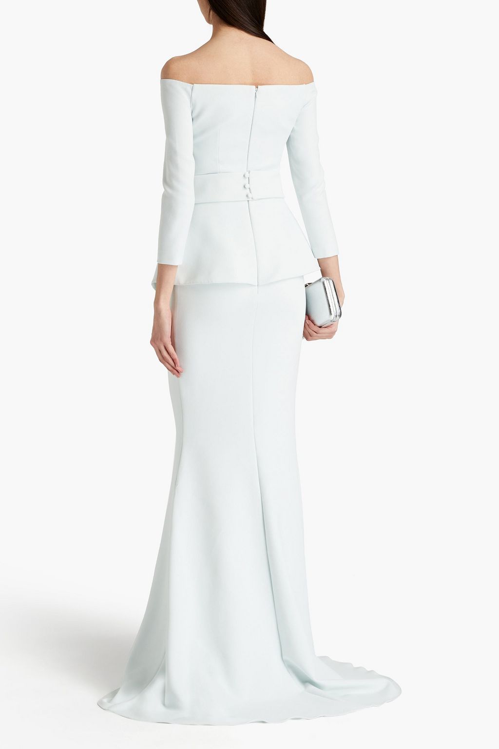 SAFIYAA Off-the-shoulder belted embellished stretch-crepe gown