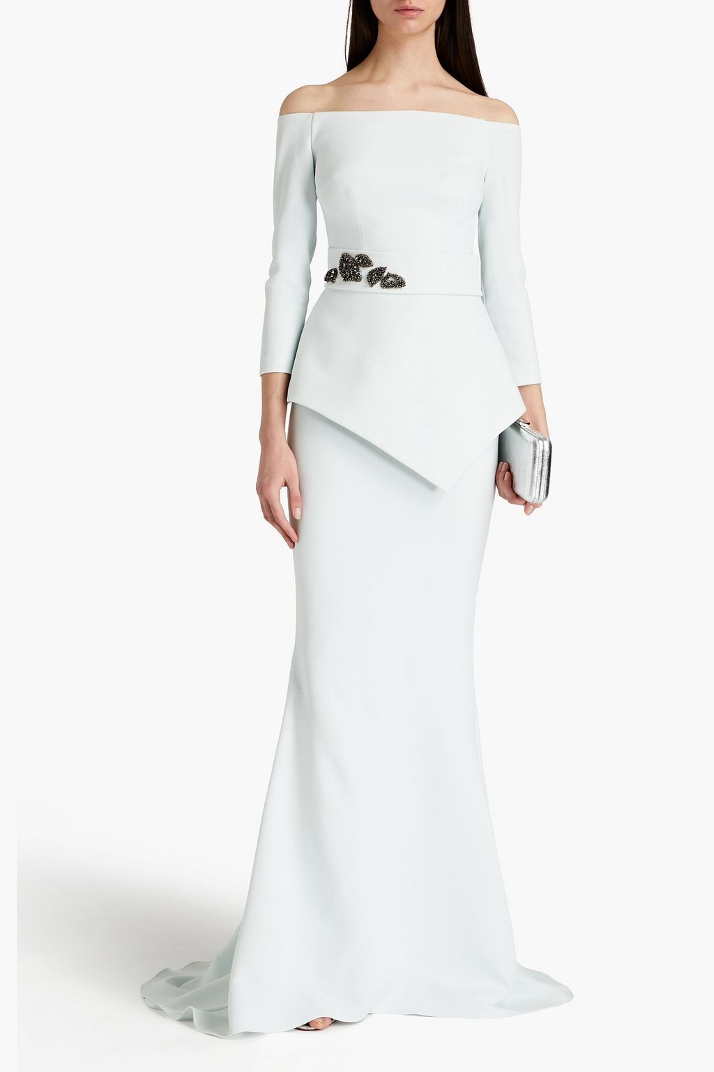 SAFIYAA Off-the-shoulder belted embellished stretch-crepe gown