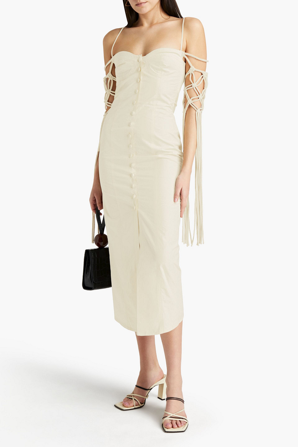 Nanushka Macramé-paneled Fringed Cotton-poplin Midi Dress