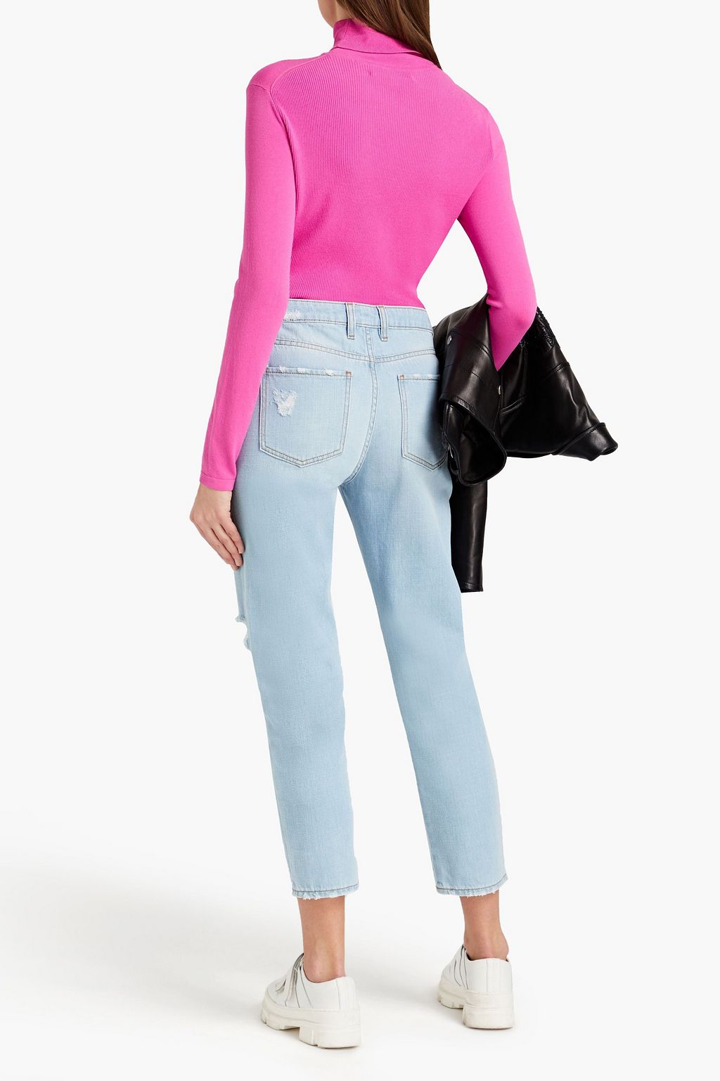 LOVE MOSCHINO Cropped distressed embroidered printed high-rise boyfriend jeans