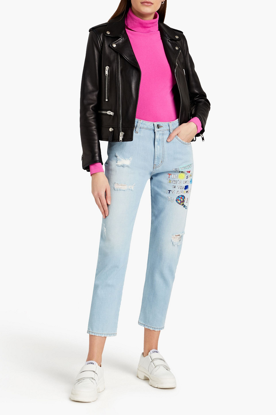 Love Moschino Cropped Distressed Embroidered Printed High-rise Boyfriend Jeans In Blue