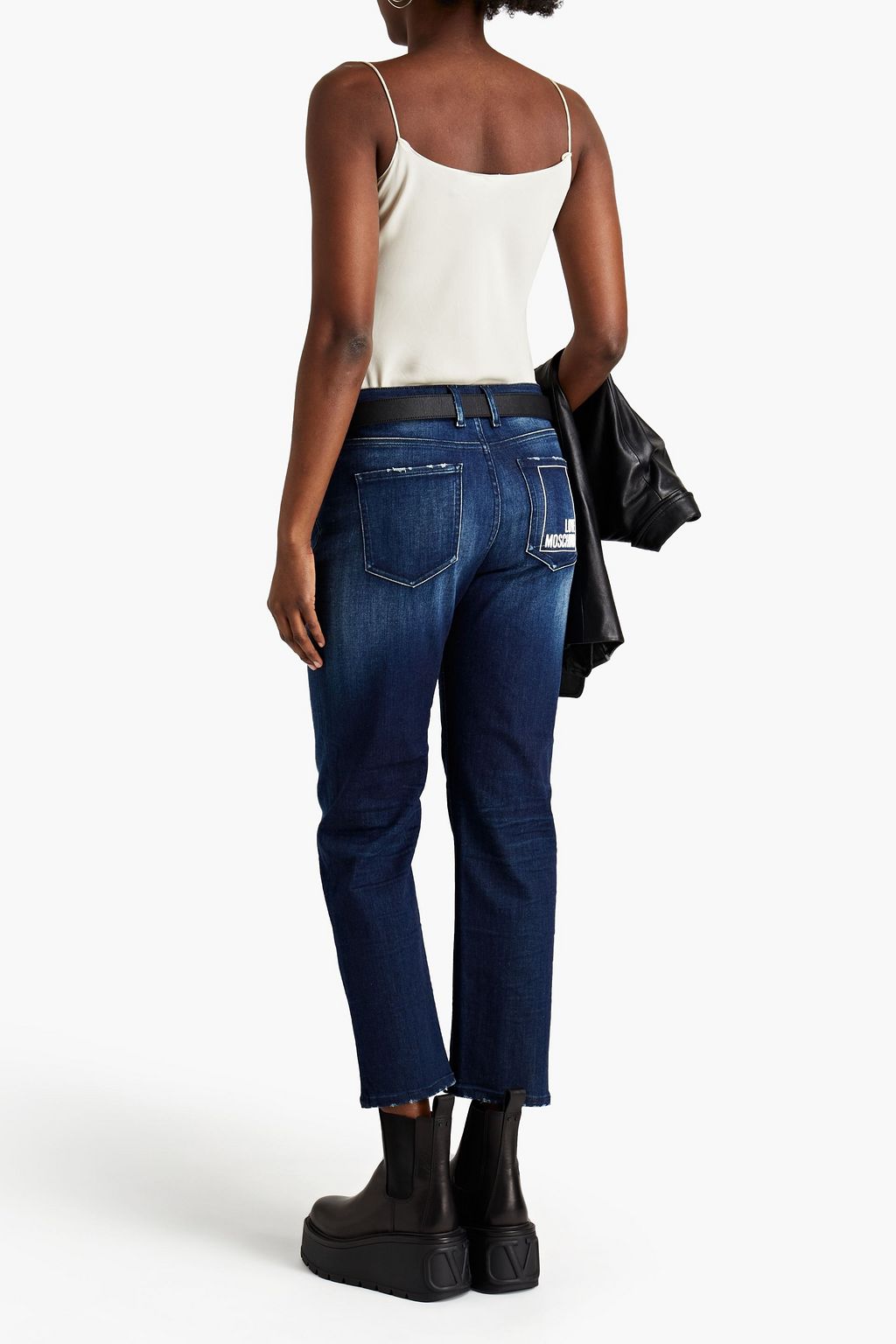 LOVE MOSCHINO Distressed printed high-rise tapered jeans