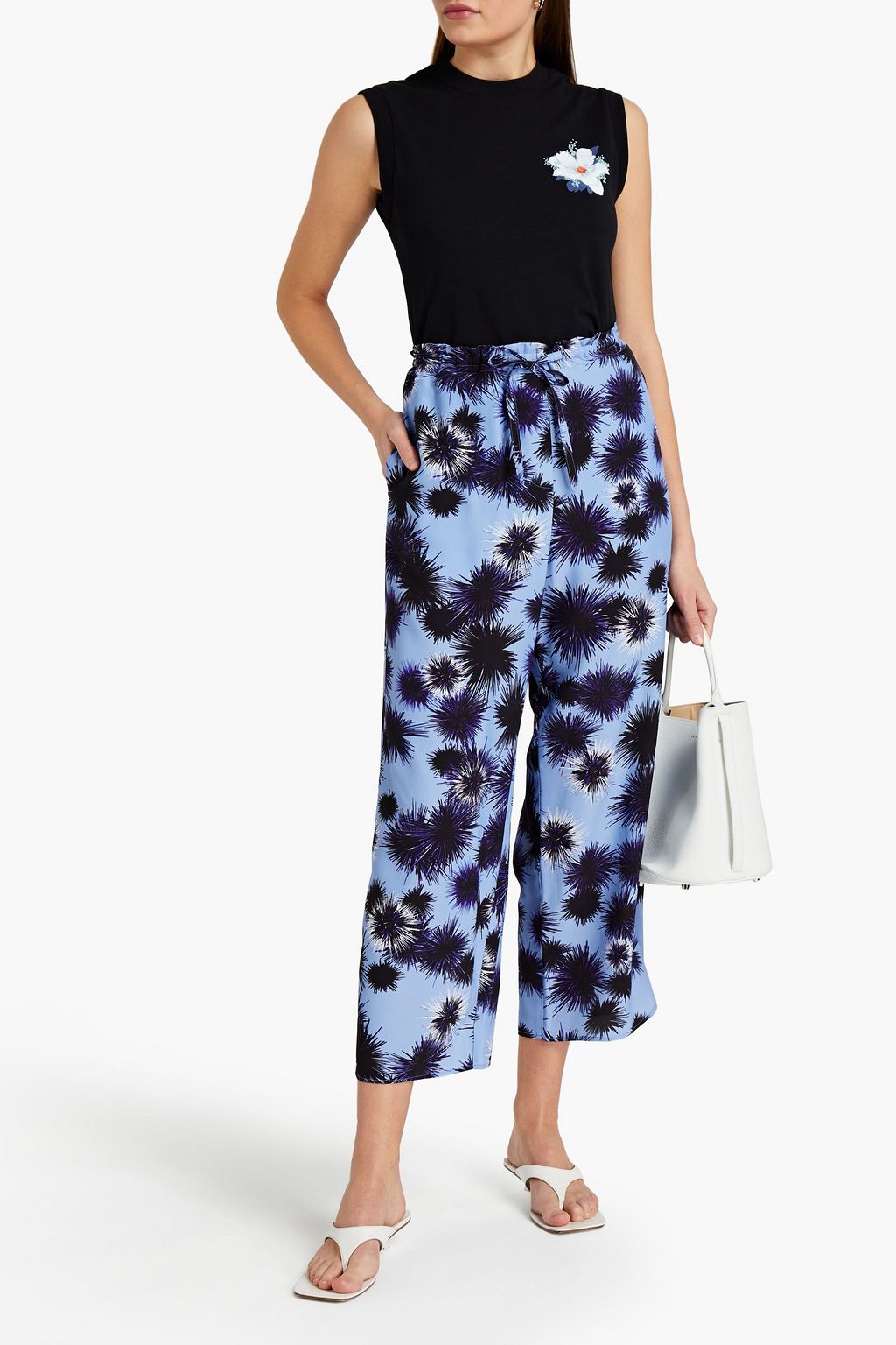 KENZO Cropped printed crepe de chine wide-leg pants