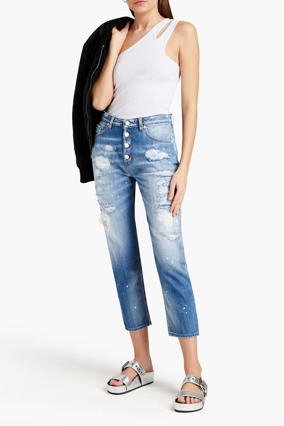 Love Moschino Cropped Distressed High-rise Boyfriend Jeans In Mid Denim