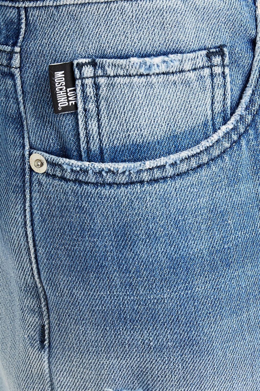LOVE MOSCHINO Cropped appliquéd distressed high-rise boyfriend jeans