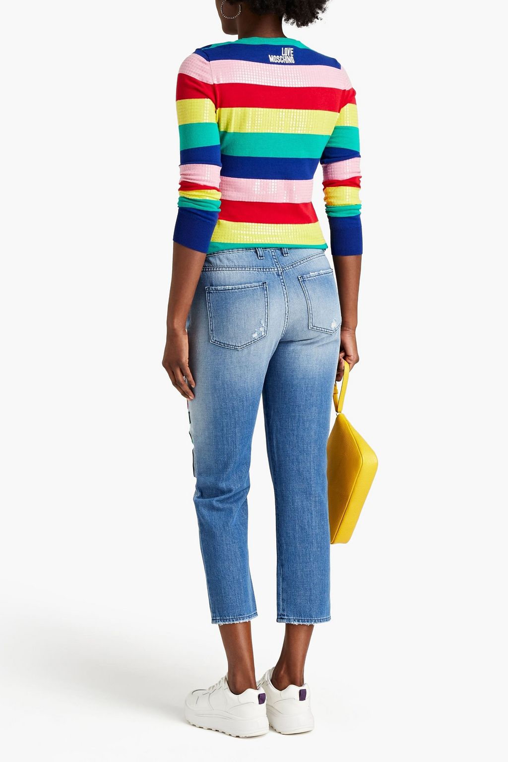 LOVE MOSCHINO Cropped appliquéd distressed high-rise boyfriend jeans