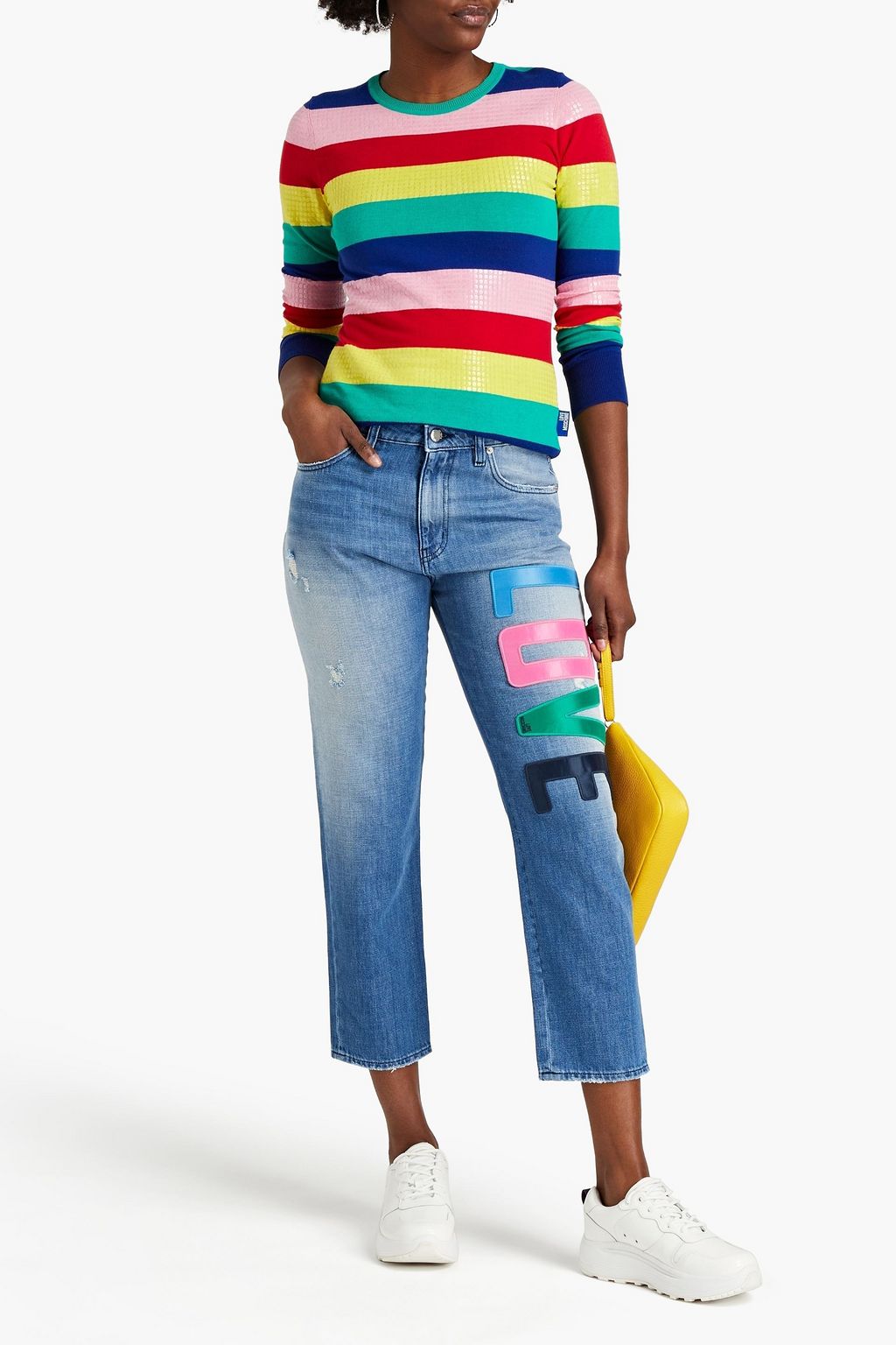 LOVE MOSCHINO Cropped appliquéd distressed high-rise boyfriend jeans