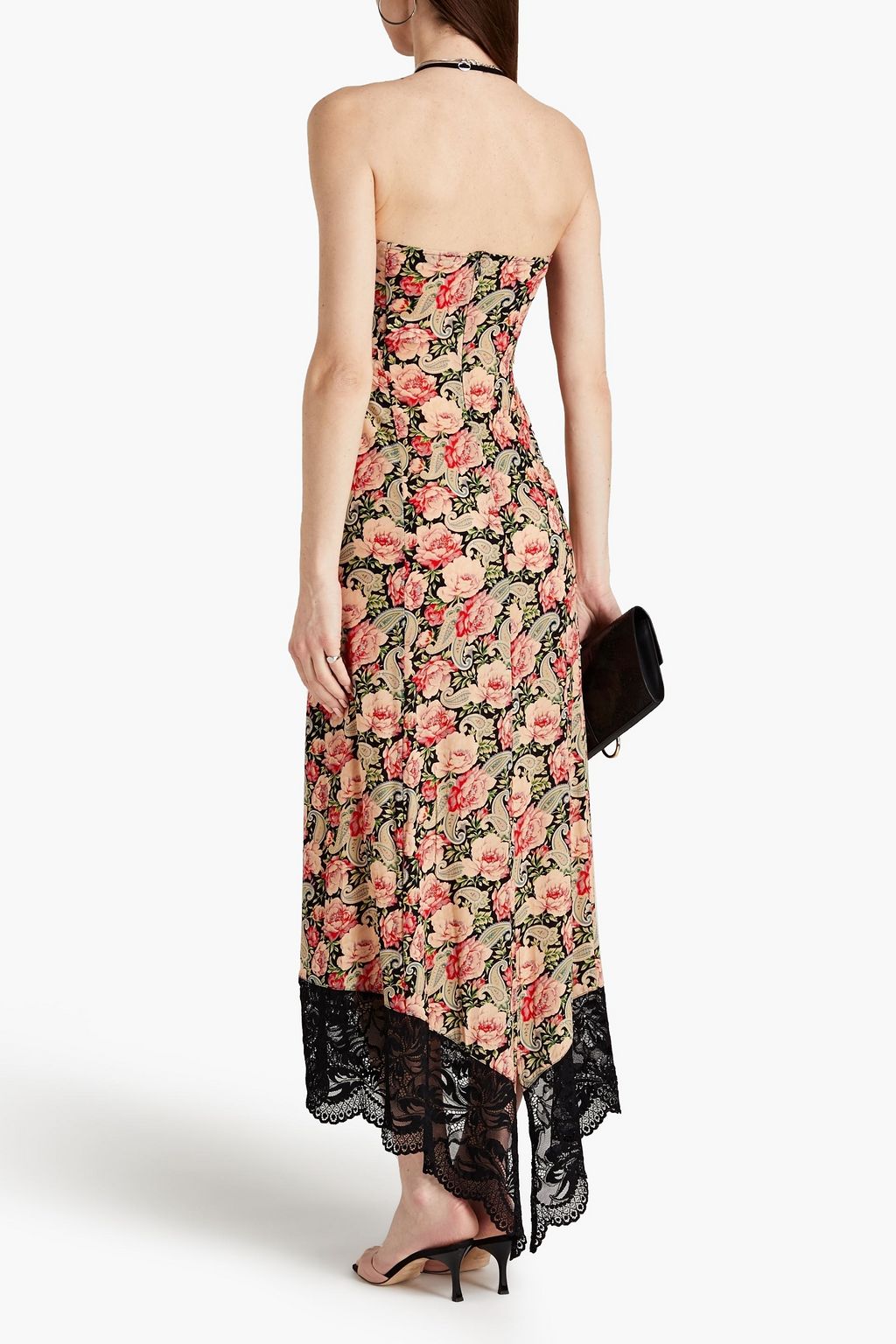 RABANNE Lace-trimmed floral-print cupro-blend stretch-jersey halterneck midi dress
