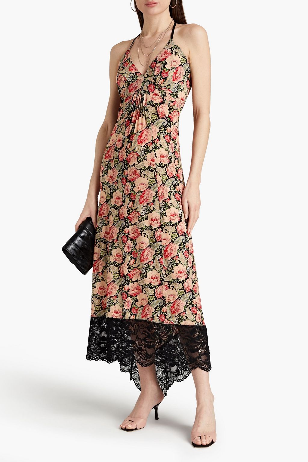 RABANNE Lace-trimmed floral-print cupro-blend stretch-jersey halterneck midi dress