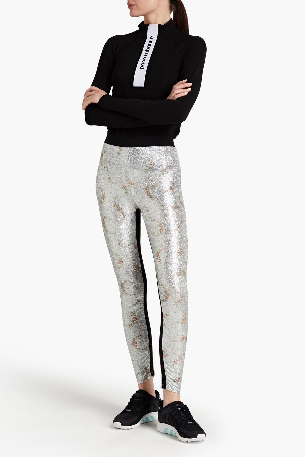 RABANNE Metallic floral-print stretch-jersey leggings