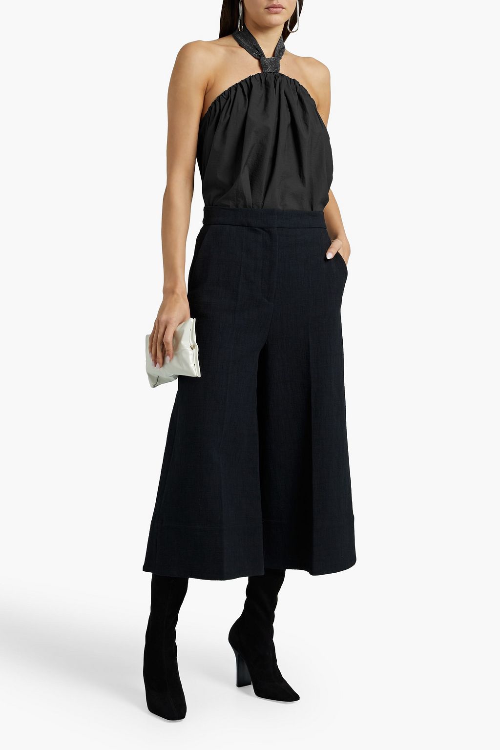 BRUNELLO CUCINELLI Bead-embellished cotton-blend poplin halterneck top