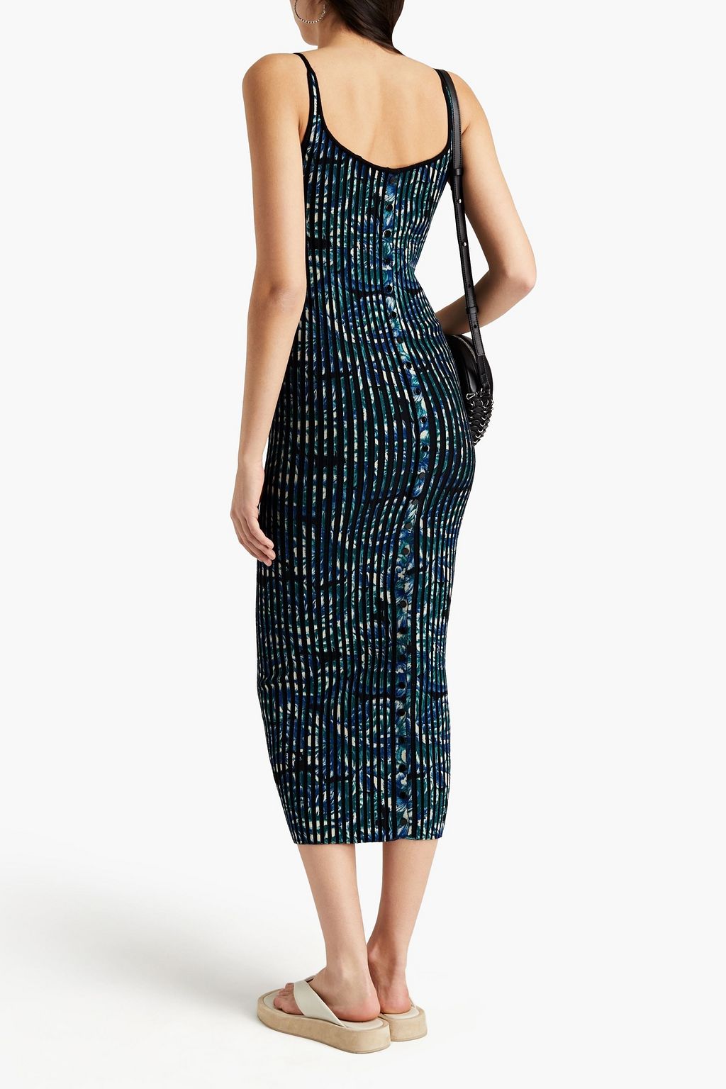 RABANNE Floral-print ribbed wool midi dress