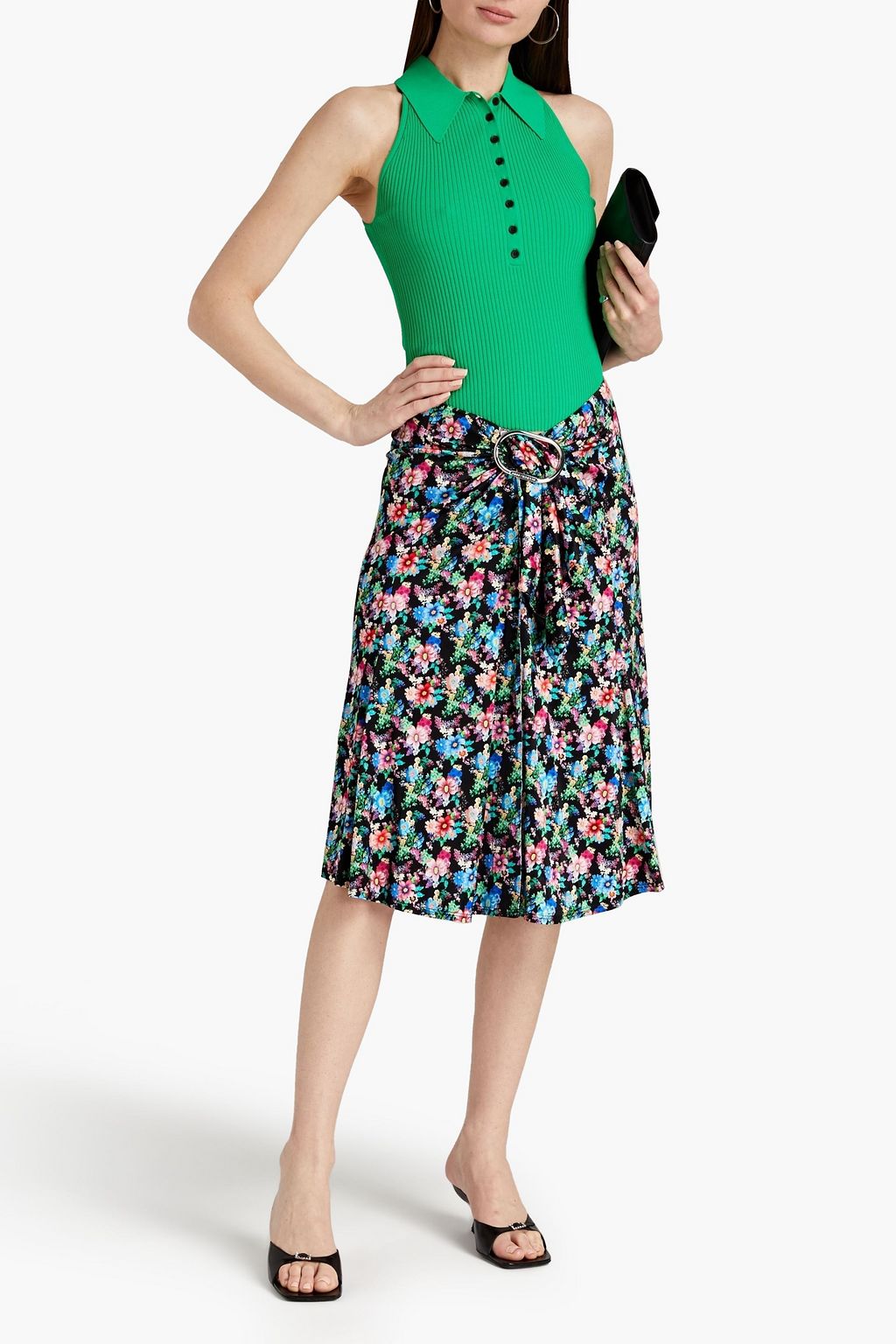 RABANNE Ruched floral-print satin-jersey skirt