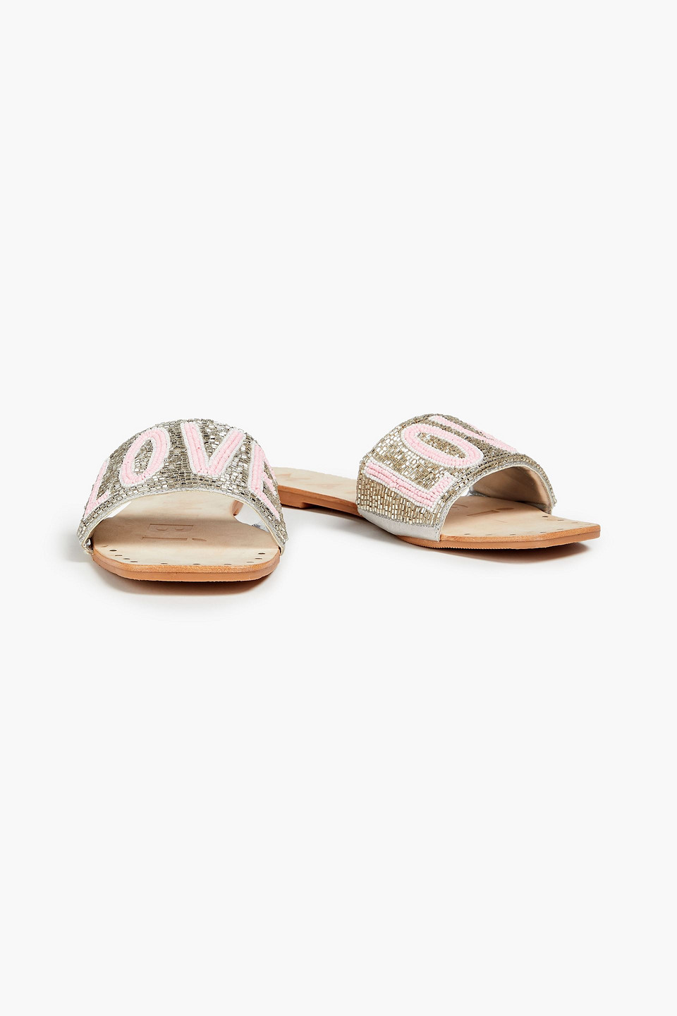 Manebi Los Angeles Satin-trimmed Bead-embellished Leather Slides In Grey
