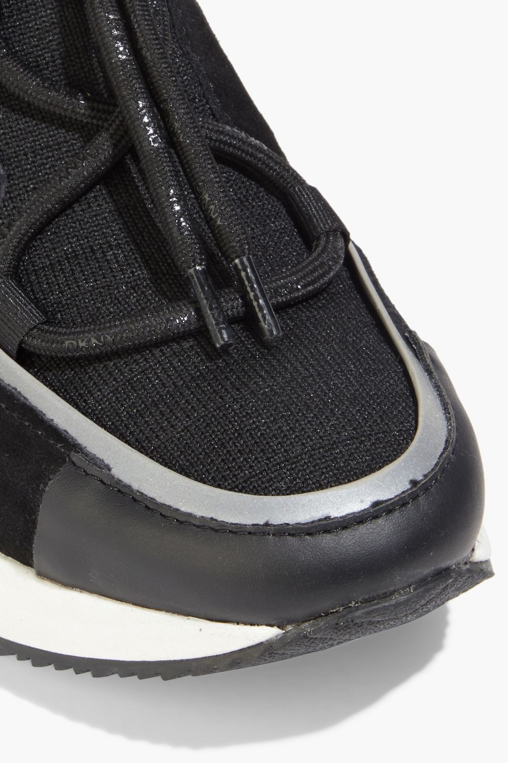 DKNY Brigette faux leather and suede-trimmed stretch-knit wedge sneakers