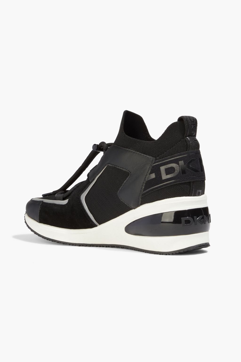 DKNY Brigette faux leather and suede-trimmed stretch-knit wedge sneakers